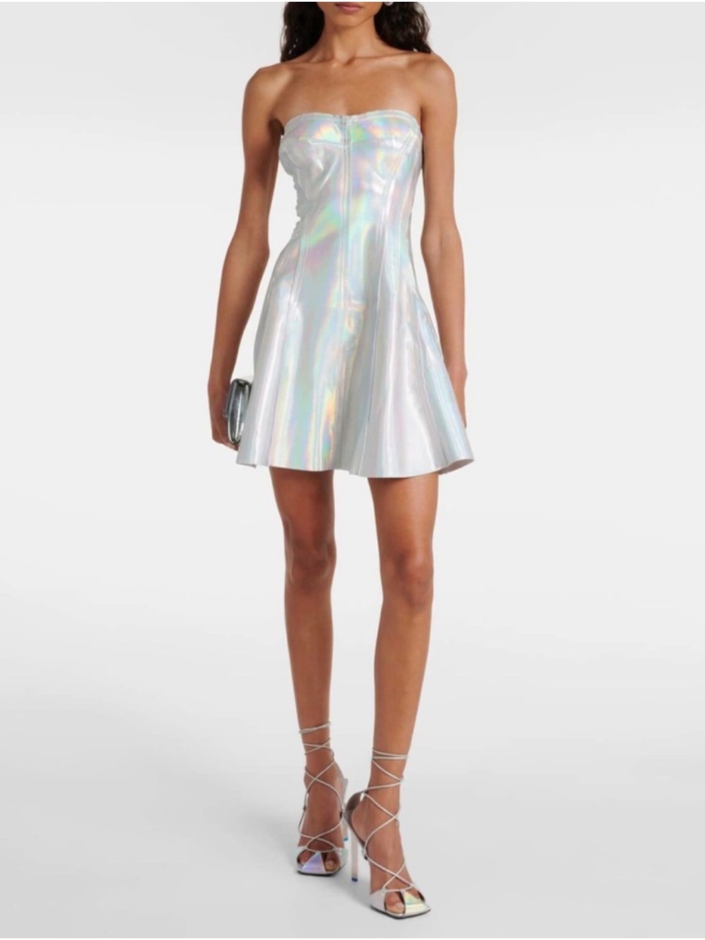 Norma Kamali Grace Holographic Silver Strapless Fit & Flare Mini Dress L